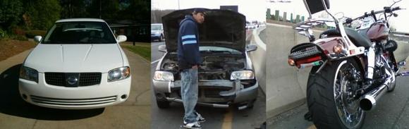 Left: what a 2005 Nissan Sentra should look like; Center: what one looks like after rear-ending my Bob; Right: my Fat Bob. 

I only got it back from having upgrades done around 200 miles ago - damnit!!!

For everyone out there driving a car - PLEASE!!! - watch out for us. We mean you no harm!!!