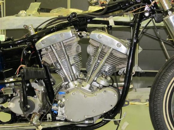 Rebuilt motor in Frame. Rebuilt by Steve at Trinity Fabrication and Frame in Garland, Texas. We parked what was supposed to be and cleaned up the rest. .070 over pistons to save the jugs, andrews J grind and everything else was stock