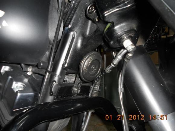 Sporty horn mounted above the engine guard