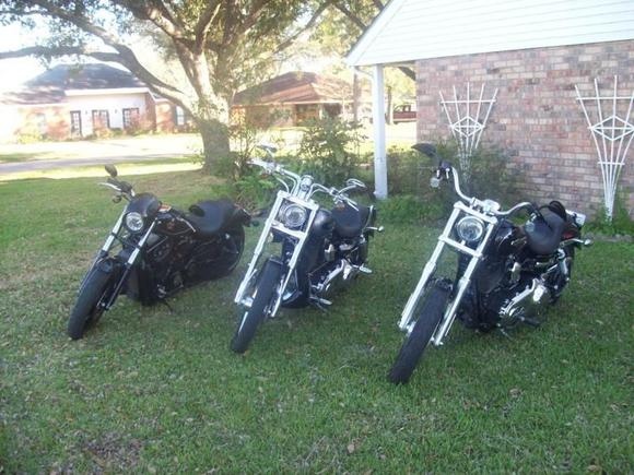 Left to right, step sons 09 V-Rod, my 07 Deuce SE, my sons 12 Super Glide