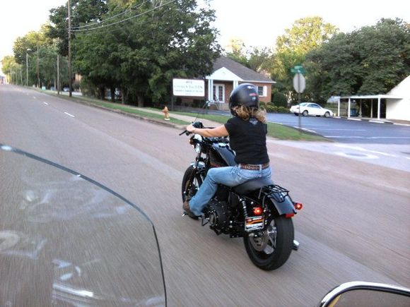 Lisa riding her new Sportster 48.  August 26, 2010