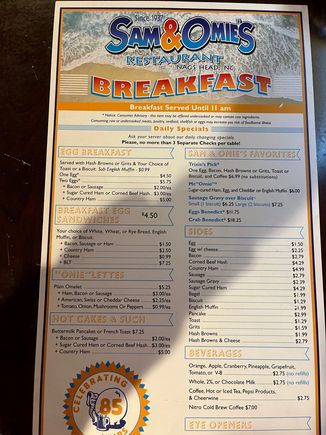 Sam and Omies menu.  Since 1937