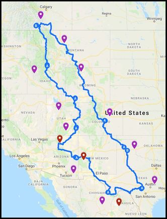 I have done some of this since I laid out the original map, but bit would be loosely based on this run.... two to three weeks should get this rounder done nicely... with Big Bend National Park in Texas being the turn around point. Have to stay away from the high passes that time of year.
