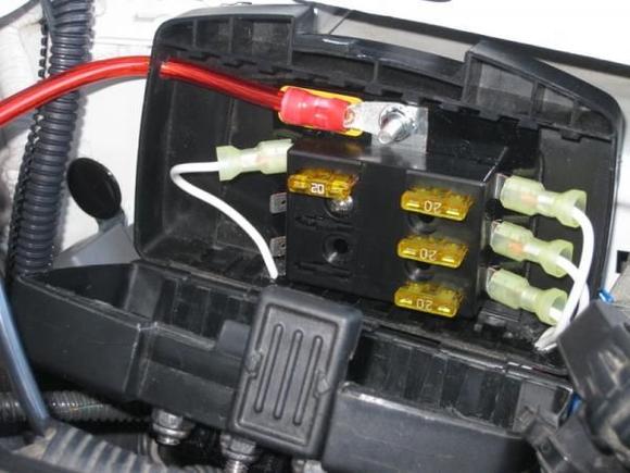 Fuse Box open; retrofitted a dewalt drill bit box to house the fuses and relays.