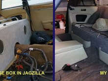 On the left is a photo of the test fitting of the storage compartment from an '89 XJS convertible into the area formerly occupied by the back seat in JagZilla. The back seats in these cars are useless for anyone larger than a pre-schooler, so I want to install something that will be more practical, and will hide the on-board PC, powered sub woofer, speaker crossovers, and associated wiring. See the next identical pic for more info...