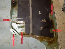 Tank removed. Arrows point at all hose fittings & bolt locations.