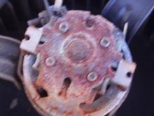 Blower assembly taken apart.  Note rust/corrosion from water ingress.