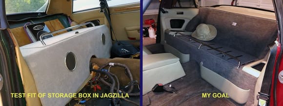 On the left is a photo of the test fitting of the storage compartment from an '89 XJS convertible into the area formerly occupied by the back seat in JagZilla. The back seats in these cars are useless for anyone larger than a pre-schooler, so I want to install something that will be more practical, and will hide the on-board PC, powered sub woofer, speaker crossovers, and associated wiring. See the next identical pic for more info...