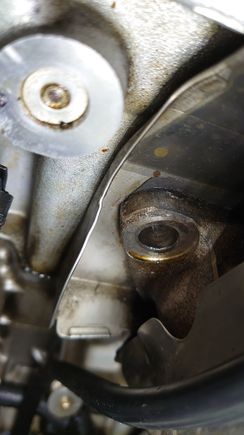 Stud had just fallen away! Photo shows dipstick and dipstick heat shield moved out of the way.