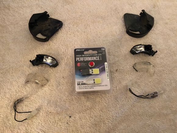 The LEDs I chose are made by Pilot, size 194. Also fits 168 and 2825 applications. These particular ones work well as they are incredibly thin, and fit inside this very confined space perfectly. Removing the clear lenses from the housings is by far the biggest challenge. Using a small flat screwdriver, gently, but firmly pry the lens from the housing. It is almost guaranteed it will not come off in one clean, neat piece. These are not designed to ever be taken apart. Expect some cracking noises.