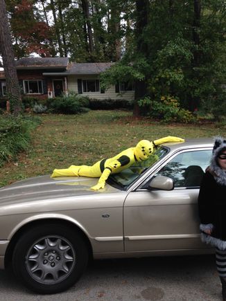 Son with Crash Test Dummy Halloween Costum. Note the crap paint covering the vandalinm