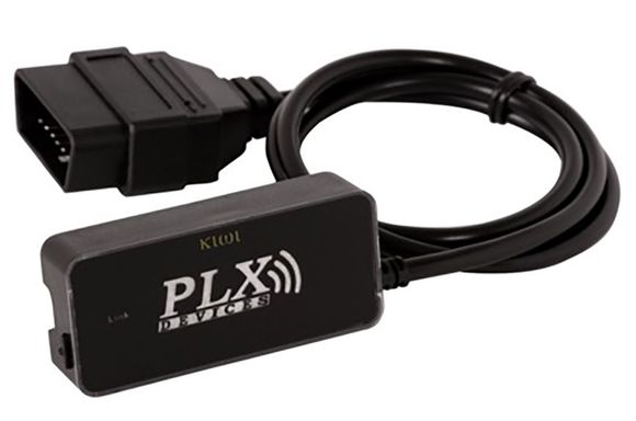 PLX Kiwi 2 WiFi showing connector to OBD II port and small "wake up" button