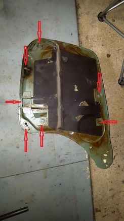 Tank removed. Arrows point at all hose fittings & bolt locations.