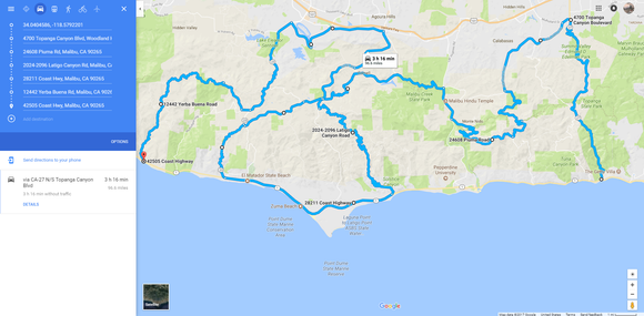 This route starts off of Topanga Canyon/PCH and goes through Mulhollnad Hwy, Stunt Rd, Schueren Rd,  Pluma Rd, Las Virgenes Rd, Mullholland Hwy, Kanan Dume Rd, Latigo Canyon Rd, PCH, Decker Rd, Encinal Canyon Rd, Kanan Rd, Agoura Rd, Lindero Canyon Rd, Triunfo Canyon Rd, S Westlake Blvd, Westlake Blvd, Mullholland Hwy, Little Sycamore Canyon Rd, Yerba Buena Rd, and finally Finishing off for drinks and food at Neptunes Nest!

LOTS OF TWISTS, TURNS, and pretty sights!