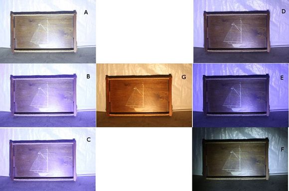 The view with the LEDs 3 feet from the boat against a white background.  The ship is on a fairly common brown stained wood tray.