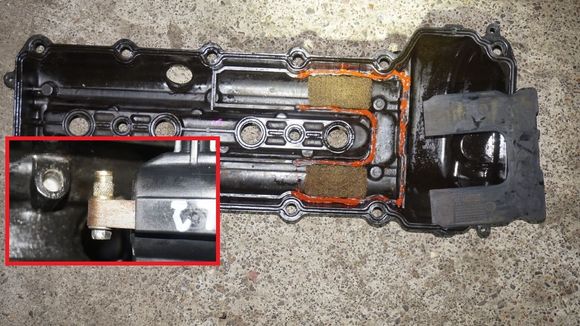 Then used that high temp silicone to re-attach the steel-wool-cover. Small picture: Even two of the inserts (where the sparkplug-coil screw onto) simply came out - I put that also back into place with high temp silicone.