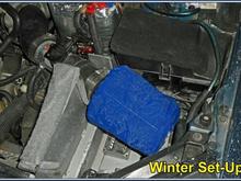 Winter Set Up.  Piece of insulation removed behind the filter at the baffle to allow some warm air to move over there.