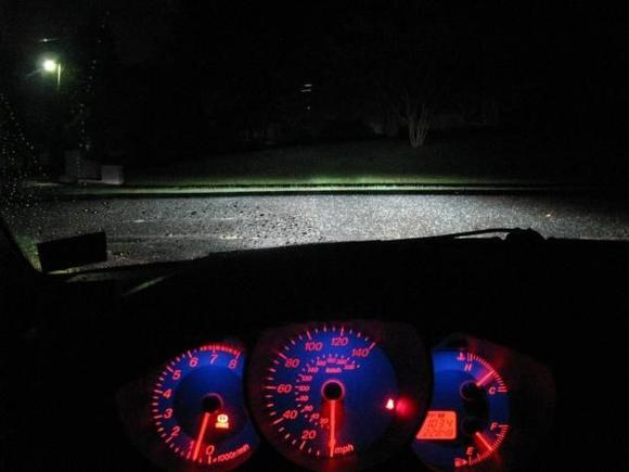 View from inside the car with HIDs on-55w-4,500 (driving lights)