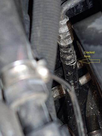 So here's the crack on one of the smaller coolant hoses that runs from top, to the right, and down and under from what I can see above.