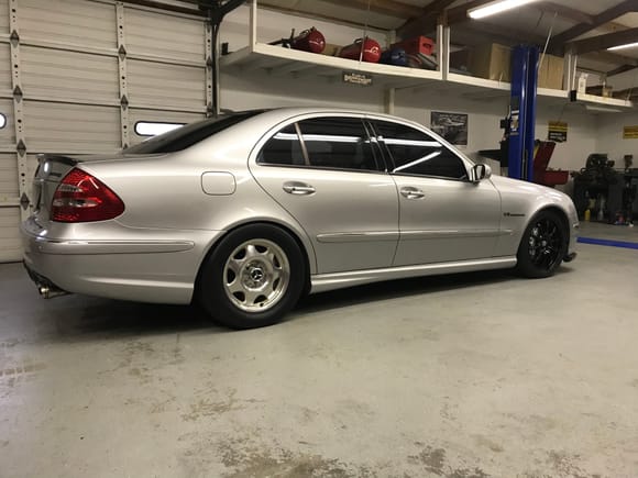 16 in CLK wheels rear. With Hoosier DR 255/50-16 tires. 

18 in E55 spare wheels front with M&H Racemaster 
185/50-18 tires. 