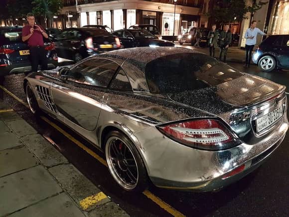 Chrome Mercedes Benz SLR Mclaren 722 Edition from Kuwait parked on Sloane Street in London.
