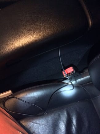 Cable can reach the back seat passengers, and is long enough to seat the device in the rear tray