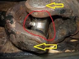 Just for clarity, the red circle is your U-Joint and the yellow arrows are the seals/bearings that wear out and allow for the play. As you can see in the picture, this U joint was newly replaced....not the entire DS.