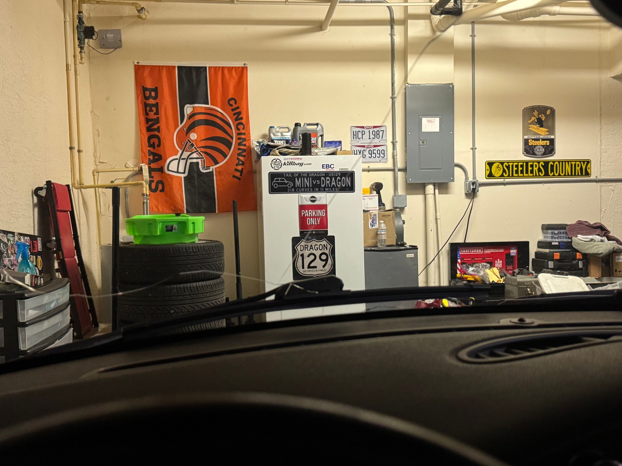 Have been working on the garage a little. View from the Mini, and yes wife is a Steelers fan.