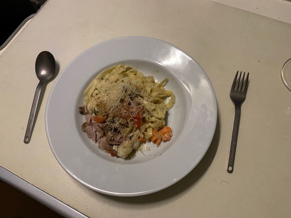 my lobster, clam, and smoked pork shoulder pasta dish