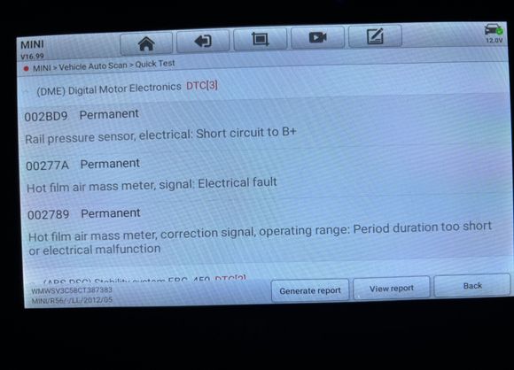 After disconnecting fuel rail sensor and MAF, I ran the scanner and received these results. 