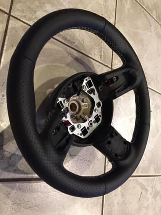 Redline Goods steering wheel wrap in Black Nappa/Black Perforated Nappa leather with Cream stitching