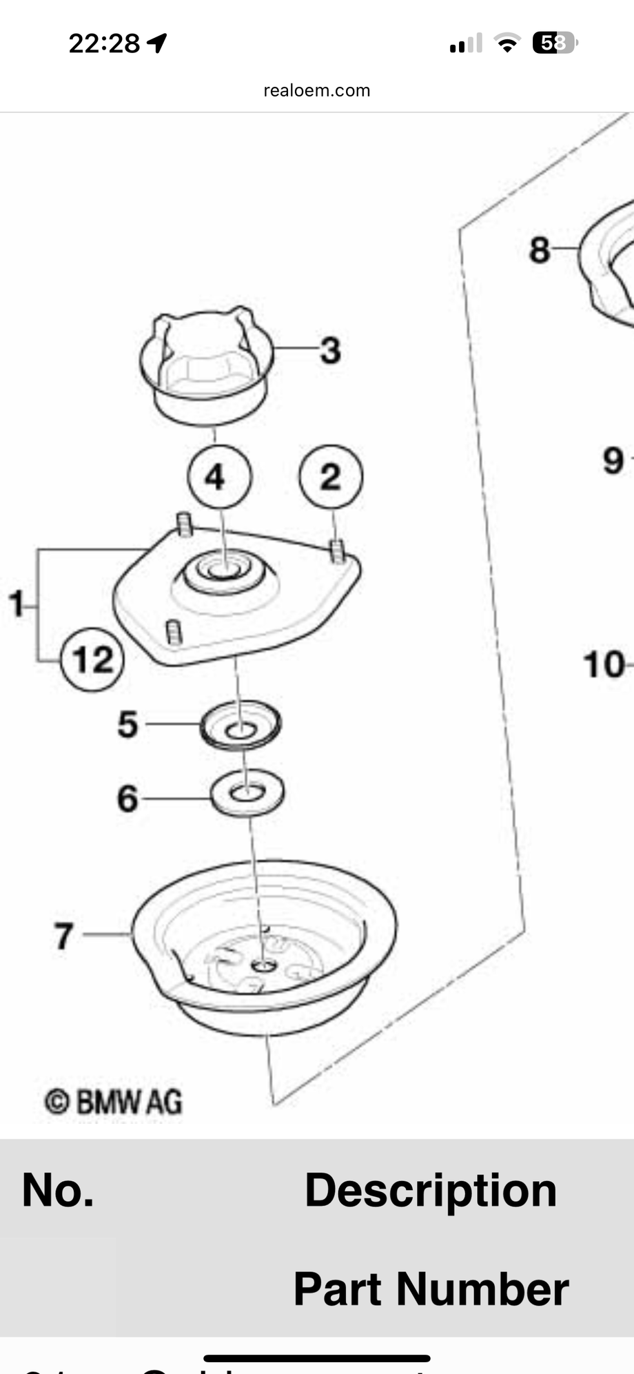 Part #7 is the upper spring cup.  #4 is the upper mount that you are in trouble with.  Where are #5, and #6?  They are needed to keep the strut from coming thru the mount.  They are not evident to me on the Koni pic.
