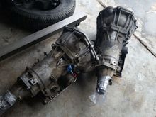 So i picked up these 2 transmission,  the one on left i bought one on right was free.

One on the left the bolts to torque converter dont line up with the flywheel, and it has the weird input shaft, one on the right the converter lines up but the bell housing is weird and its got a smoked 23 clutches.

So im without a transmission good news is i slept in 2 days in a row, i definitely needed that didnt realize how worn down i was getting.