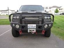 My TrailReady front bumper (PN10301G) with a Ramsey 9500 Winch, and Rigid Industries SR 20" LED bar (92031).