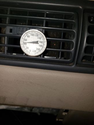 This is the center vent, 10 minutes after shutting off the 16" puller fan. Still colder than the R134a stock system ever though about being.  I think it ran about 56°F at idle in this heat when it was NEW!