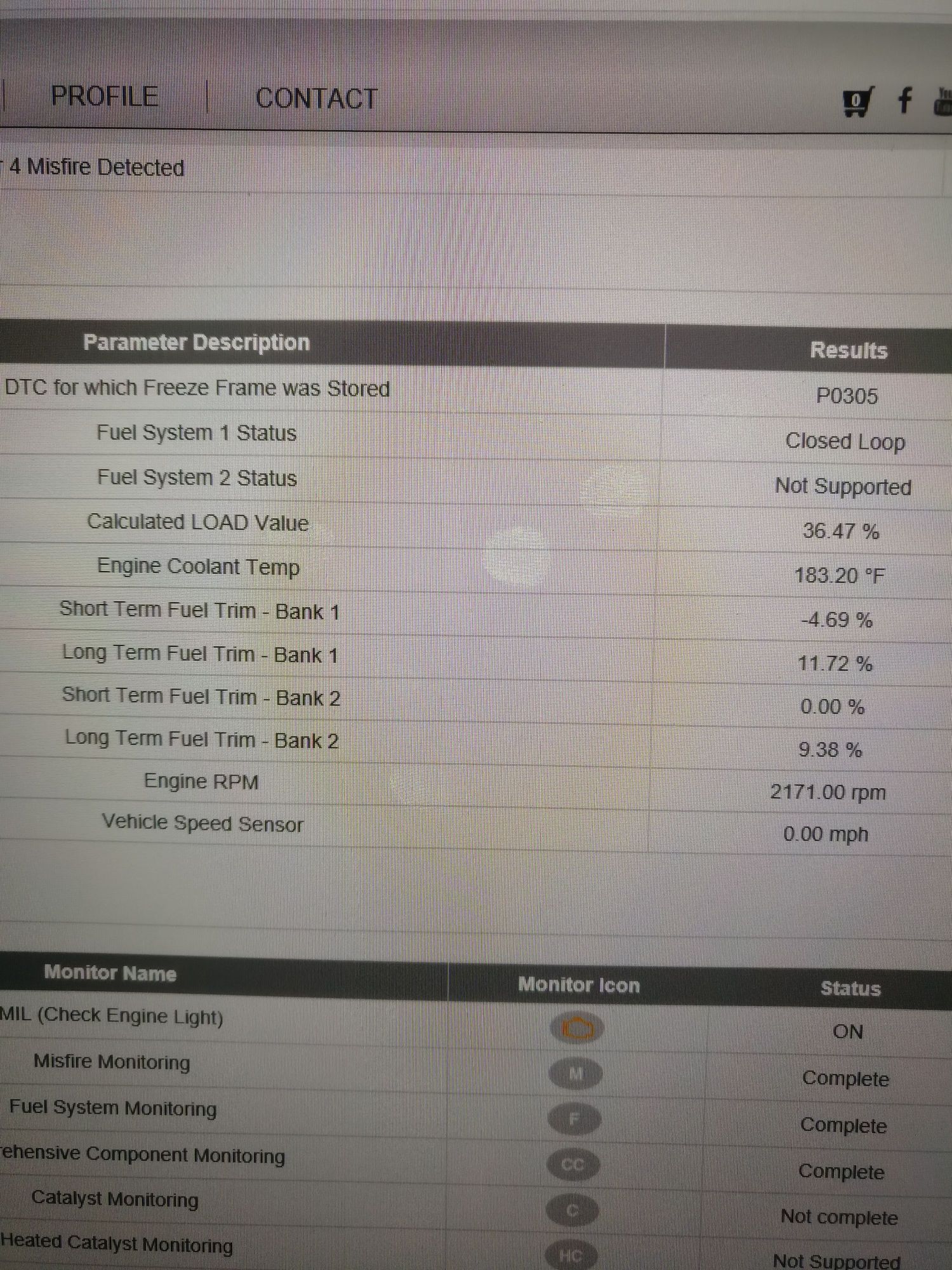 Here is the freeze frame data that was captured for P0305 at idle