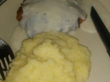 Country fried steaks, mashed potatoes, with country style gravy made with bacon grease!! 