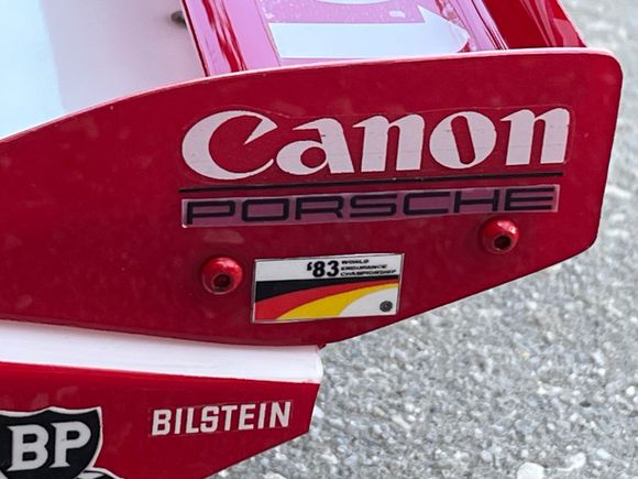 Had to print some of my own decals: the Porsche script and the WEC sticker and the number 14 I had to make from scratch (the numbers that come with the MCIRacing sheet are for a later Canon Porsche from 1984/5.) The rear fins were very difficult to fabricate: cutting them out was like torture on my hands, but thankfully they came out well after much sanding!