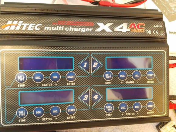This is the Hitec X4 Plus AC/DC Powered Multi Charger, Discharger and Balancer.
FEATURES
Charges 1-6 cell LiPo, LiFe and Li-ION, 1-15 cell NiCd and NiMH
and 2-20V lead acid batteries
Fast Charge, Balance Charge and Storage Charge modes for lithium
batteries
Automatically controls current rate during charging and discharging
process
Four independent 50-watt power outputs charges up to four batteries
at once
Four independent balancing ports for lithium batteries
Five user customizable presets per output
Twin fan cooling system with internal sensor for controlling fan
speed
Batteries can be set to automatically Charge/Discharge or Discharge/
Charge up to a maximum of 5 cycles
Automatic charge termination* if battery temperature gets too high