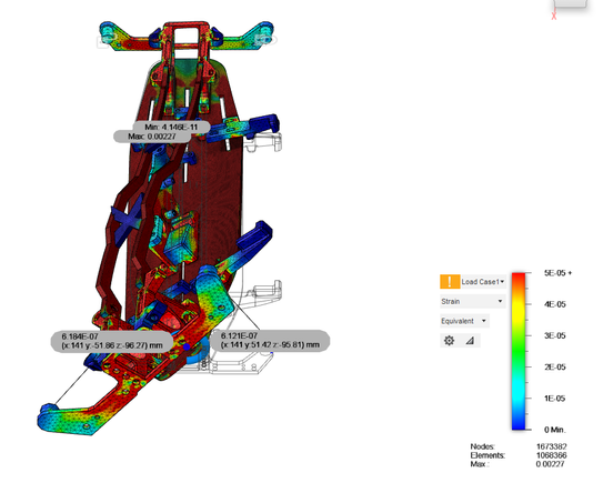 Vertical Topdeck (exaggerated) torsional displacement (1Nm torque at shocktower ends) and strain heat map.