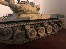 Side view of M41. Note this tank runs T84 tracks and M26 sprockets other then that there are no changes to the suspension or road wheels. 