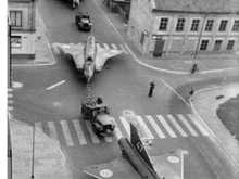 Swedish J35 Drakens transported trough Linköping town. Probably during the sixties.