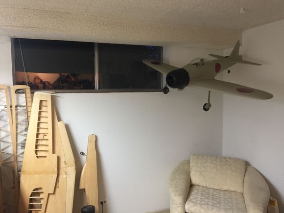 Finally hung the zeke to make room. In background are a T.F. .61 size P-51, an old Carl Goldberg Chipmunk, and a 70’s Grand Esprit sailplane (134” span). All built from kits. I guess on some other threads you might need to say an ARF doesn’t qualify as a kit (seriously).