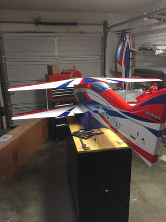 First alignment check of both wings. Wings to vertical fin alignment looks right on. But, I need to bollt in the cabanes and verify the final fit. But so far it lines right up. 