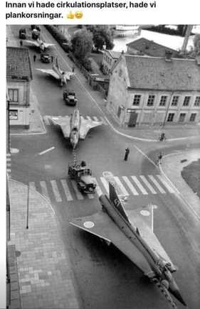 Swedish J35 Drakens transported trough Linköping town. Probably during the sixties.