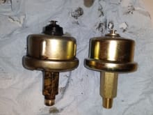 My factory oil pressure sender was also leaking and spraying oil all over the engine. Replaced with an autozone sender and the leak is gone. Old sender is on left while the new is on the right. Seems to read correctly as well.