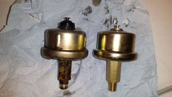 My factory oil pressure sender was also leaking and spraying oil all over the engine. Replaced with an autozone sender and the leak is gone. Old sender is on left while the new is on the right. Seems to read correctly as well.
