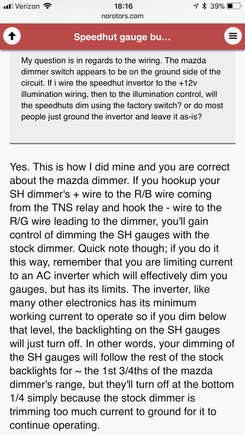 I found this on another forum. Perhaps it really is as simple as getting the 12v+ for the Speedhut dimmer switch from the 12v+ side of the dimmer switch? Then, adjust maximum brightness one time for the Speedhut gauges and then use factory from then on. At least, that is how I am interpreting it.