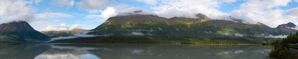Panoramic of a lake between Anchorage and Seward