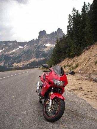 The SuperHawk on Highway 20 east of Washington Pass. That is Liberty Bell mountain in the background.
